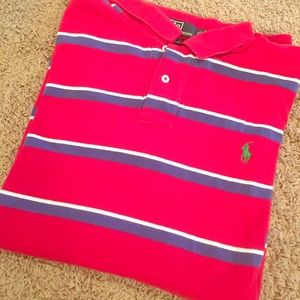Bright Red& Blue Striped Polo By RL w/ Green Horse
